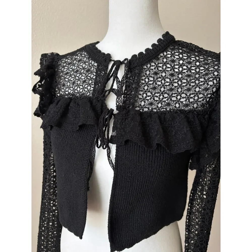Zara Black Lace Tie Front Ruffle Cropped Combination Cardigan S